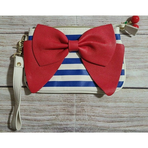 Betsey Johnson Handbags - Betsey Johnson Women's Bow-nanza Wristlet Cherry Zipper Pull Red Bow Striped